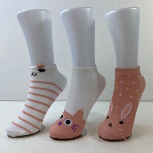 Womens Ankle Socks Set 3 Cat Bunny Bear Print Stripes Polka Dots pink White